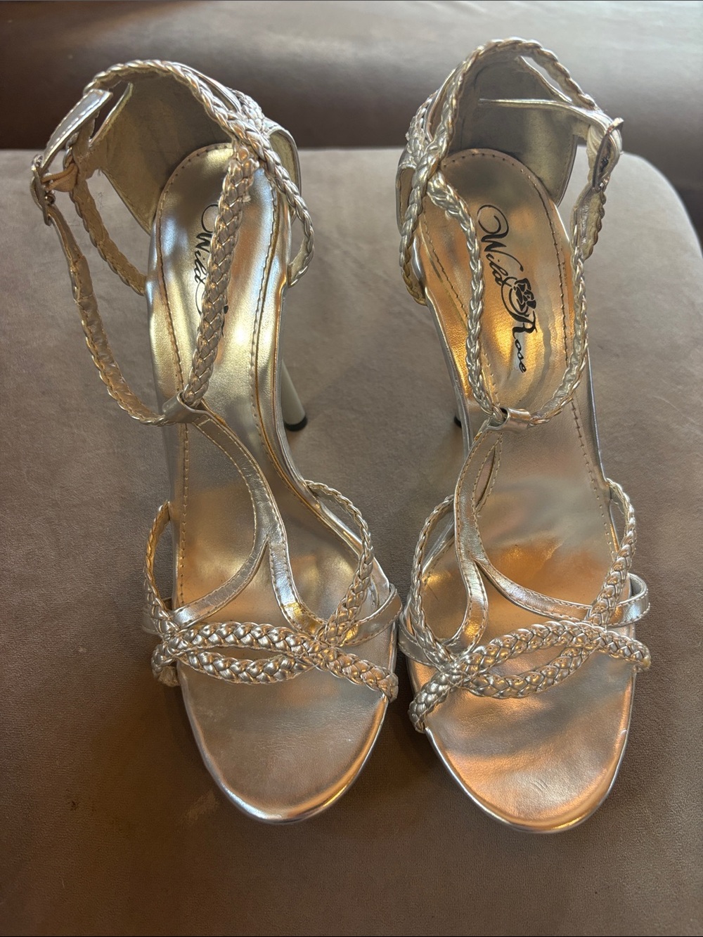 Wild Rose Metallic Silver Braided Strap Heels